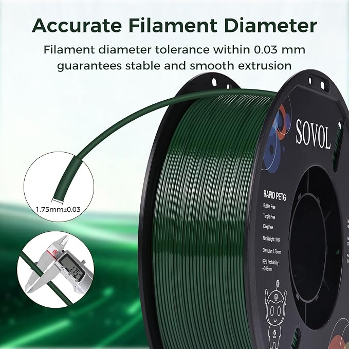 Sovol 3D Printer Rapid PETG Filament 1.75mm 1KG (2.2lbs), High Precision, Strong Toughness, Wiring Tightness, Dimensional Accuracy +/- 0.03 mm, 3D Printing High Speed PETG Filaments, Olive Green