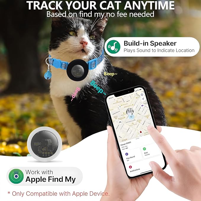 GPS Tracker for Cats, Mini GPS Pet Tracker with Collar, IPX8 Waterproof Cat Trackers Collar,No Monthly Fee,Work with Apple Find My(iOS Only),Smart Trackers for Pets-Blue-4