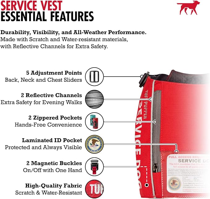 Tuff Pupper Service Dog Vest with ID Pocket | No Leash Attachment | Quick-Release Magnetic Buckles | Reflective Trim | Adjustable Fit | Comfortable & Durable | Designed for Small Dogs (Red, Medium)