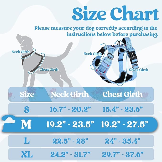 rabbitgoo Dog Harness Medium Sized, Updated Easy On & Off with 3 Buckles | No Pull No Choke, Walking with 2 Clips and Handle, Adjustable Soft Reflective, Floral Blue, Medium