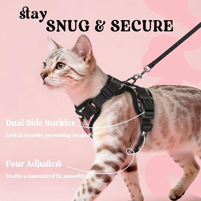 rabbitgoo Cat Harness and Leash Set, Escape Proof Vest, Berry Pounce | Soft Breathable Mesh, Easy Adjustable Fit, Snap Buckles, Sturdy Clip, Reflective Strips, for Kittens & Small Cats Walks, Xxs