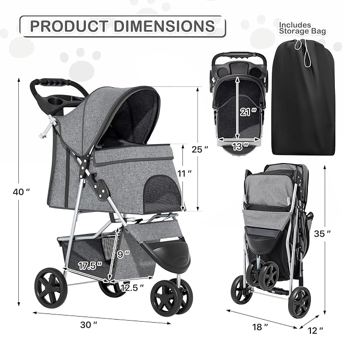 MoNiBloom Foldable Pet Stroller - Gray, up to 33lbs