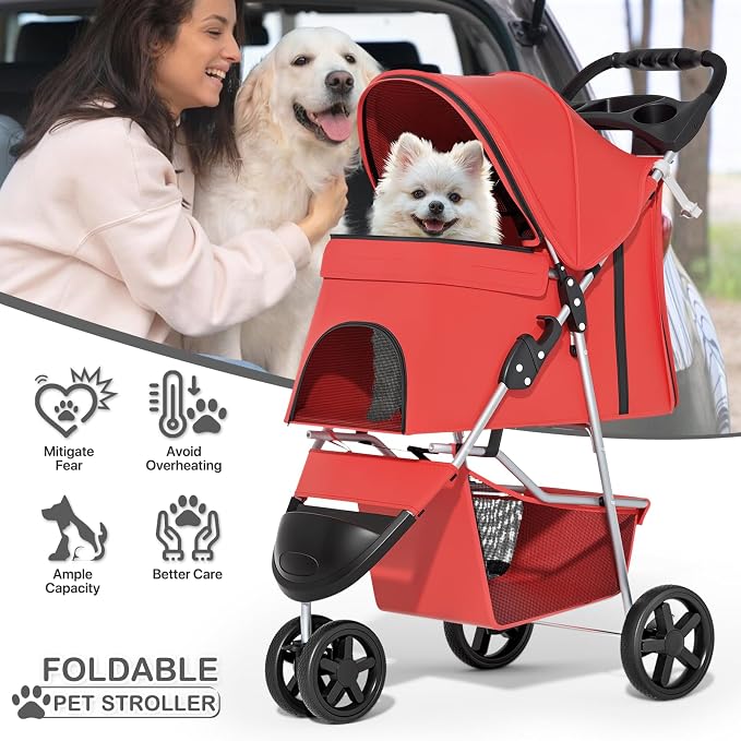 MoNiBloom 3-Wheel Foldable Pet Stroller - Red, up to 33lbs