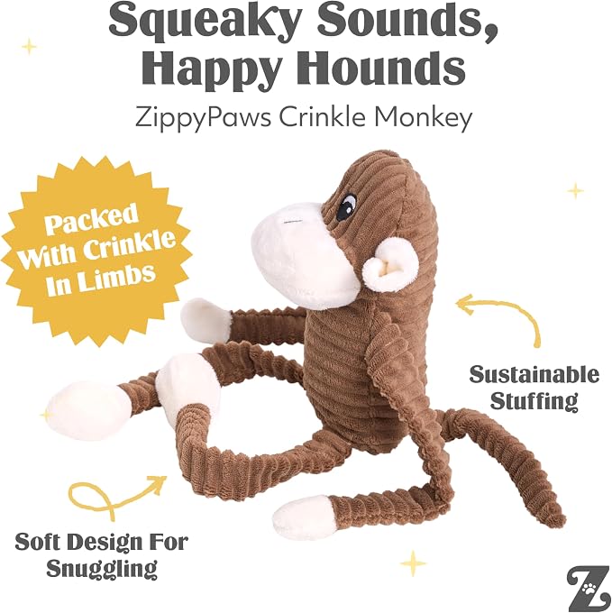 ZippyPaws Crinkle Monkey for Medium-Extra Large Dogs, Large/Brown | Interactive Dog Toys to Keep Them Busy, Squeaky Plush Pet Toy for All Breeds, Contains 1 Blaster Squeaker