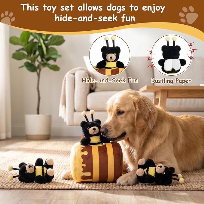 Hollypet Squeaky Hide and Seek Dog Toys for Small and Medium, Honey Pot | Interactive Plush Stuffed Dog Squeak Toys for Small Medium Sized Dogs and Non-Aggressive Chewers, Puppy Teeth Clean Chew Toys