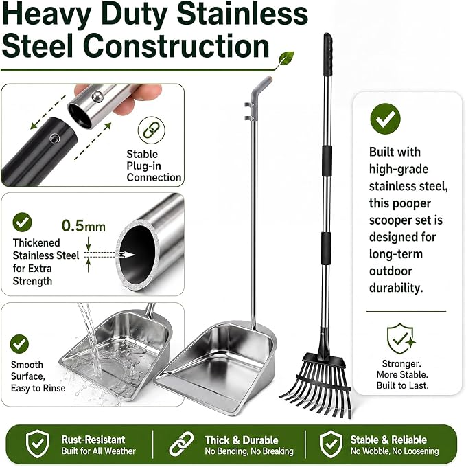 Dog Pooper Scooper for Large Dogs with Heavy Duty Stainless Steel Large Capacity Tray and 45" Carbon Steel Long Handle Rake, Rust-Proof Poop Scoop Set for Grass, Concrete and Gravel