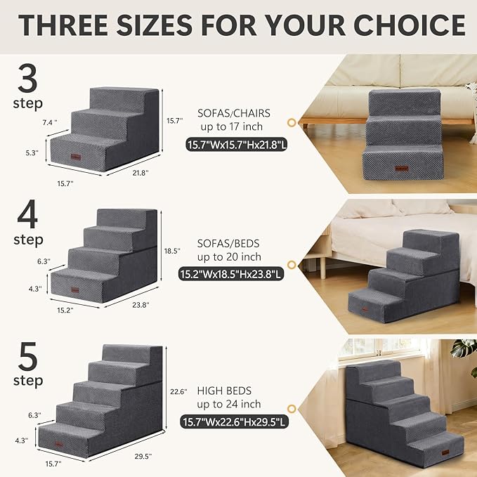 Aodisman Dog Stairs for Small Dogs, 3-Step Wider Pet Stairs for Couch and Beds, Non-Slip Dog Steps for Old Cats, Puppy, Small Medium Dogs,15.7" H,Grey
