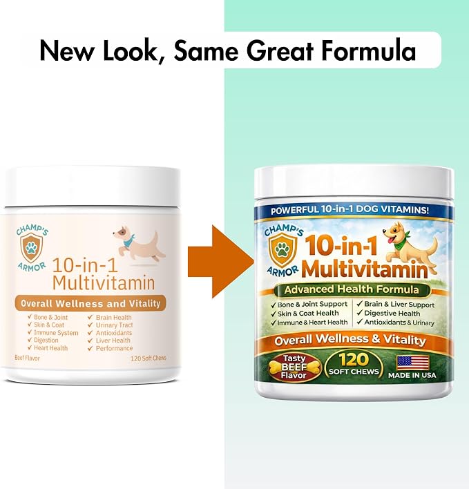 Dog Multivitamin 10-in-1 with Glucosamine - Hip Joint Support, Skin & Coat, Digestive Health, Immune Boost - Salmon Oil, Probiotics, MSM - All Natural Daily Chews for Dogs All Breeds - 120 Count