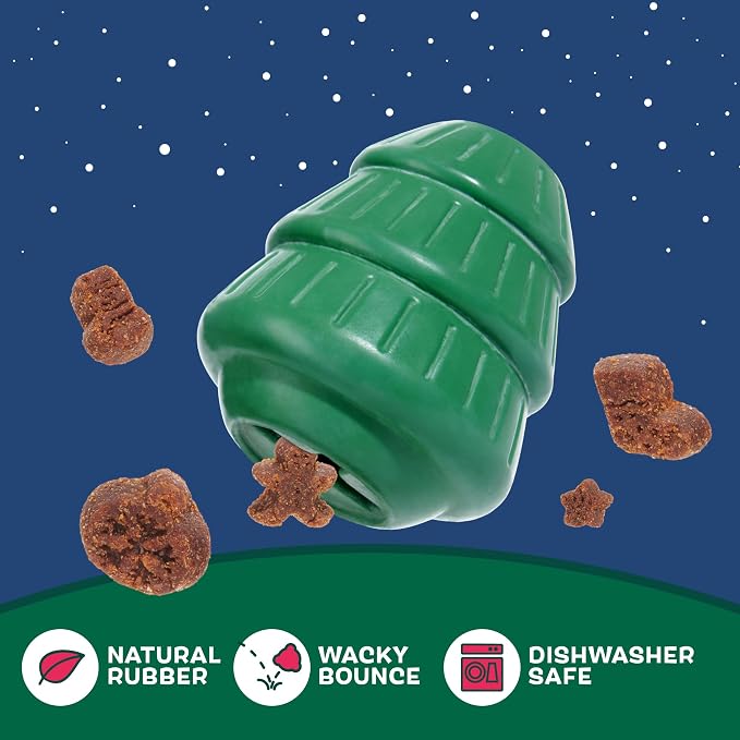 Barkbox O’Christmas Tree & Treat Set – Durable Treat-Dispensing Rubber Dog Toy with Pumpkin Treats – Fun Stocking Stuffer for Strong Chewers (Pack of 2)