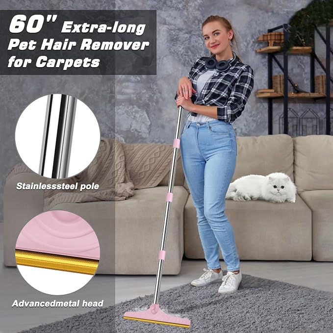 B-Land Carpet Rake for Pet Hair Removal, Reusable Pet Hair Remover with 60” Adjustable Long Handle, Carpet Scraper Dog Cat Hair Remover Tool for Rugs, Mats, Couch, Furniture Pink