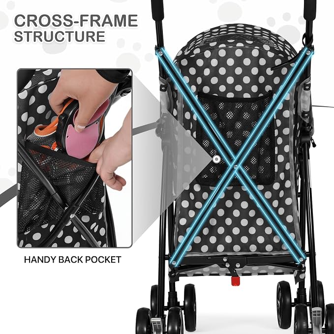 MoNiBloom 4-Wheel Foldable Pet Stroller - Black Polka Dots