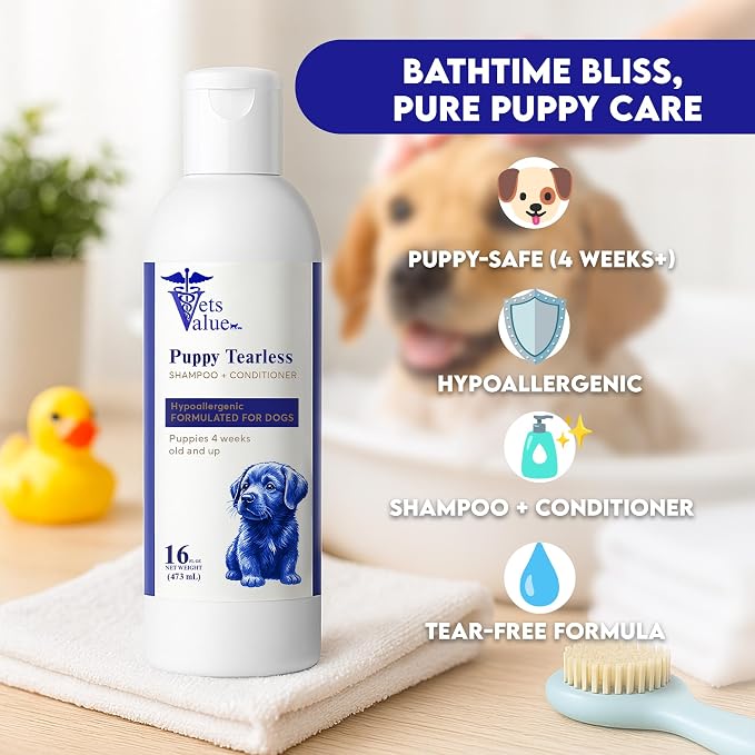 Puppy Tearless Shampoo & Conditioner - Gentle Wash for Puppies with Sensitive Skin – Mild, Tear-Free Formula Suitable for Dogs 4 Weeks and Older – Made in the USA (16 oz)