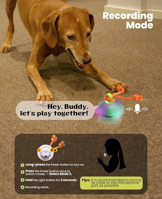 Xeuch Interactive Dog Ball with Rope, Motion Activated Moving Rolling Toy | 3 play modes, voice recording, 7 LED lights, silicone shell, Type-C rechargeable, 4-hour playtime for small and medium dogs