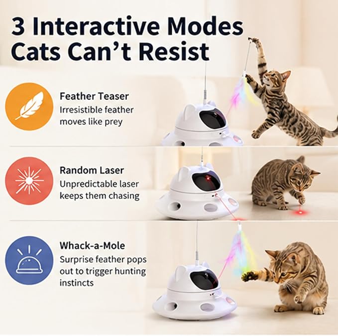 Parakeets Conures Cockatiels 3-in-1 Auto Cat Toy, USB Recharge Motion Activated Kitten Feather Chase Toy - Snow-White
