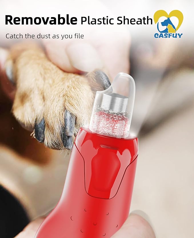 Casfuy 6-Speed Dog Nail Grinder with 2 LED Lights - Red