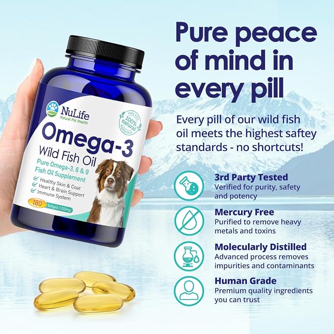 Pure Omega 3 Fish Oil for Dogs, Wild Caught from Iceland, Skin and Coat Supplement for Shedding, Dry Itchy Skin and Allergies, Rich in EPA + DHA with Omega 3, 6 & 9 Fatty Acids, 1000mg, 180 Capsules