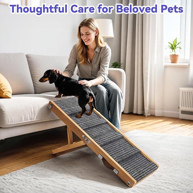Pawaboo Dog Ramp for Small Dogs & Car – 4 Adjustable Heights (13"-21") with Non-Slip Pad, Foldable Pet Stairs for Couch & Sofa, Walnut