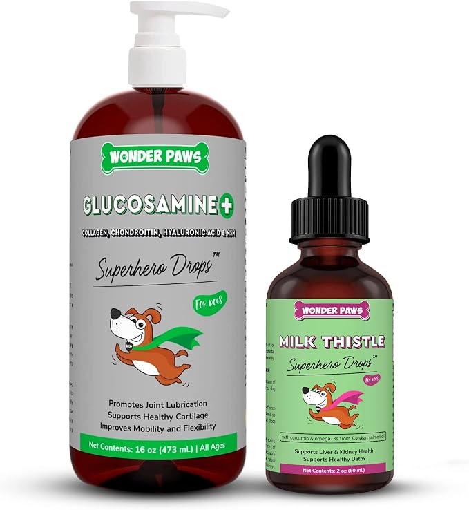 WONDER PAWS Liquid Glucosamine Drops Plus Milk Thistle Drops - for Dog Joint Health, Mobility Support, Liver, Detox & Overall Wellness – Liquid Glucosamine 16 Ounces - Milk Thistle 2 Ounces