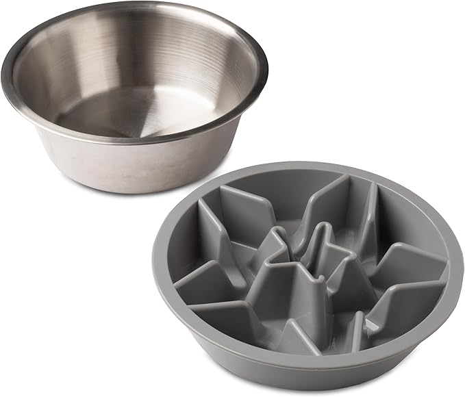 Leash Boss 2-Pack Slow Feeder Dog Bowls (2 Cup) Puzzle Dog Food Bowl with Stainless Steel Bowl - Fits into Elevated Pet Feeders - Slow Eating for Large, Medium & Small Sized Breeds, White