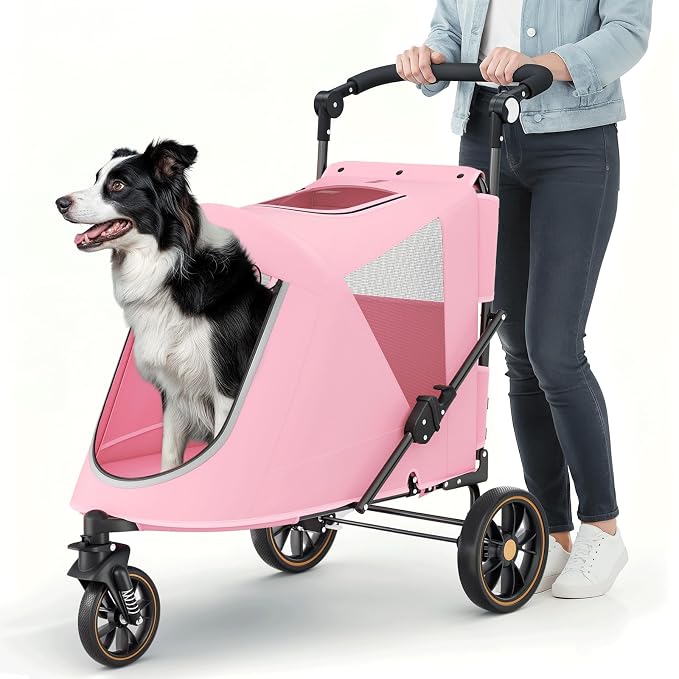 MoNiBloom 3-Wheel Pet Stroller for Large Dogs - Pink, up to 55lbs, Dual Entry