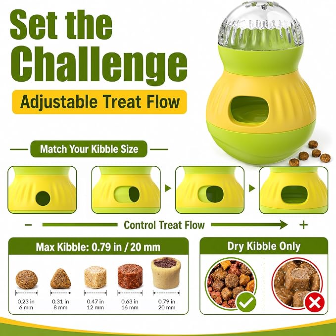 HCY&WLD Dog Interactive Puzzle Toy Adjustable Treat Dispensing Ball (Green) | Sturdy Material, Self-Righting Wobble Base, Indoor Enrichment, Slow Feeder, Smarter Play, Mental Stimulation, Boredom Buster