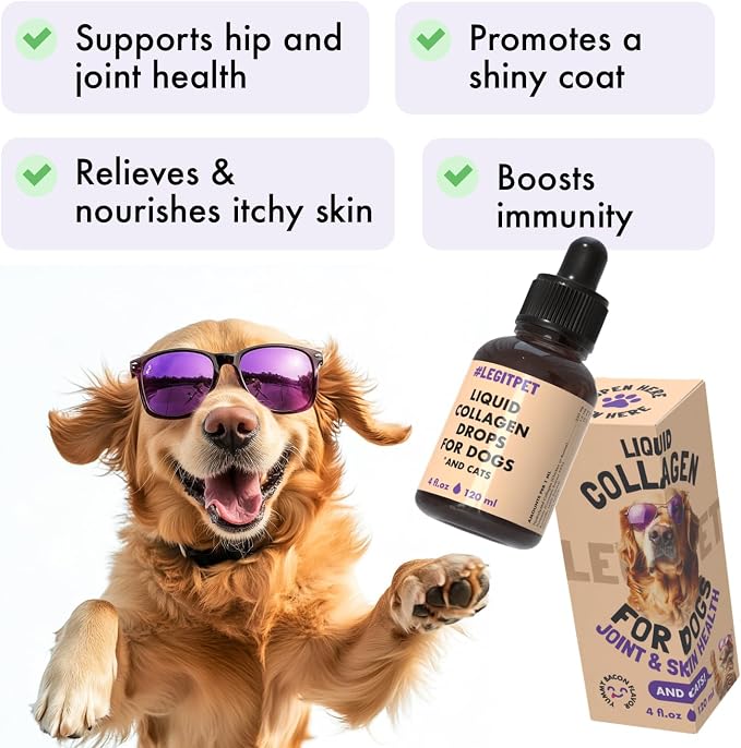 Premium Grass-Fed Collagen for Dogs & Cats Liquid Drops Supplement Daily Formula Support Hip & Joint Skin Coat Gut Hydrolyzed Type I & III Bovine Protein Beef Flavor All Dog and Cat Sizes & Ages