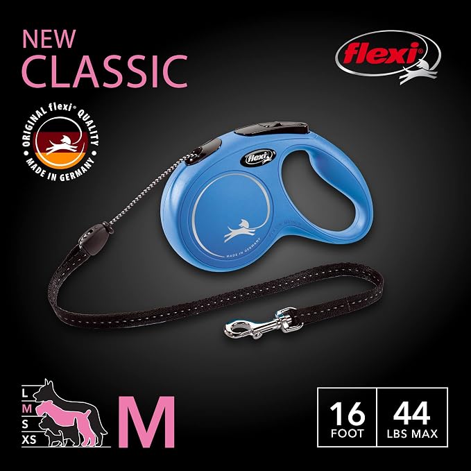 FLEXI® Classic Cord Retractable Dog Leash, Medium, 16 ft - Blue | German engineered, original flexi leash, durable quality for dogs up to 44 lbs, tangle-free, walking, reliable brake system