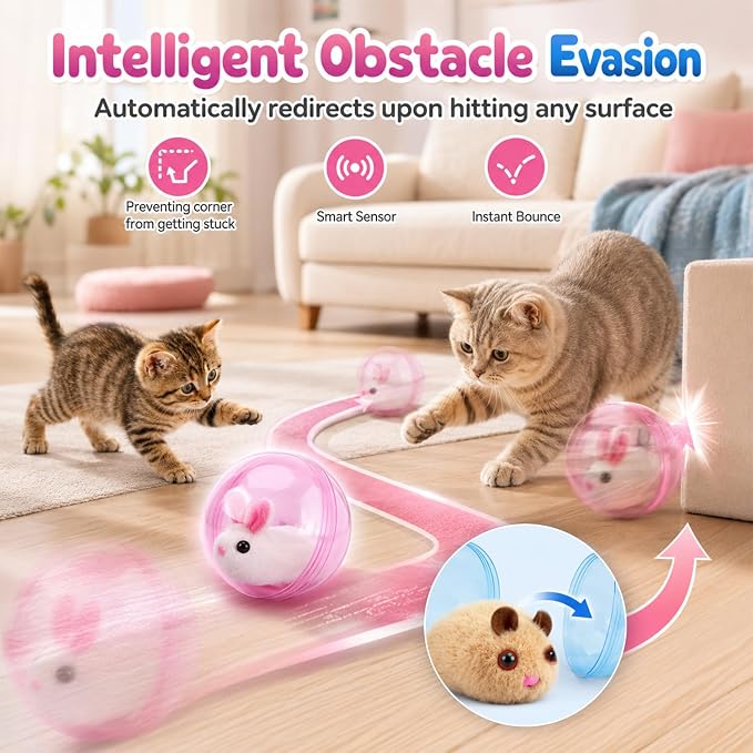 360° Self-Rolling Interactive Cat Toy Ball (Pink, Rabbit) | Automatic Rolling Pet Toy, Pet Fun Indoor Motion Activated Exercise Toys for Cats Dogs