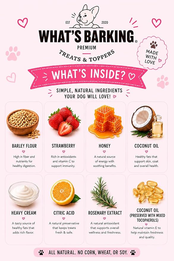 What's Barking Shakers Strawberry Shortcake Dog Meal Topper, Treat Crumbles for Dog Food, Sprinkle Topper for Kibble or Wet Food, Made in USA, Resealable Bags, Pack of 3
