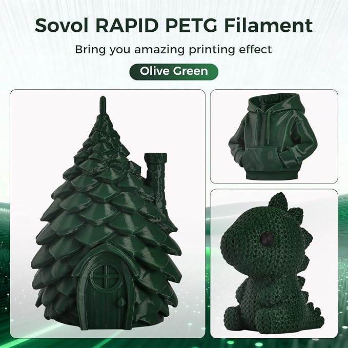 Sovol 3D Printer Rapid PETG Filament 1.75mm 1KG (2.2lbs), High Precision, Strong Toughness, Wiring Tightness, Dimensional Accuracy +/- 0.03 mm, 3D Printing High Speed PETG Filaments, Olive Green