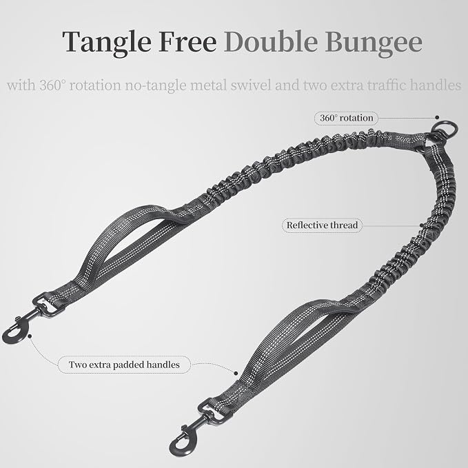 iYoShop Double Dog Leash with 3 Extra Traffic Handles, 15-120 lbs, Black | 360 Swivel No Tangle, Dual Dog Walking, Shock Absorbing Reflective Bungee, for Two Dogs