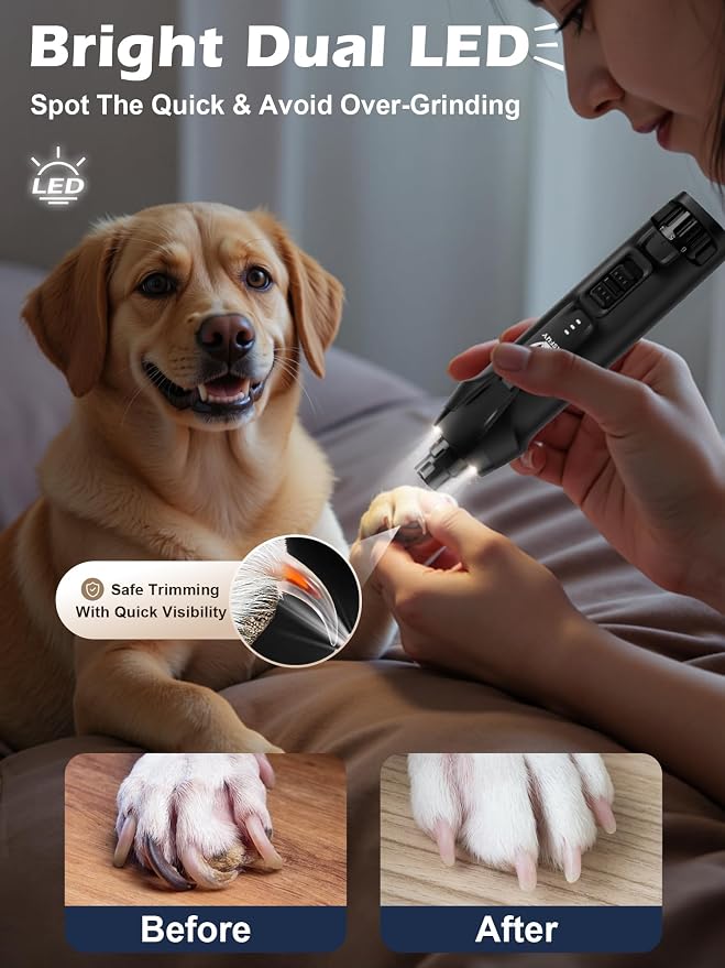 Casfuy 6-Speed Dog Nail Grinder, Dust Cap & 2 LED Lights