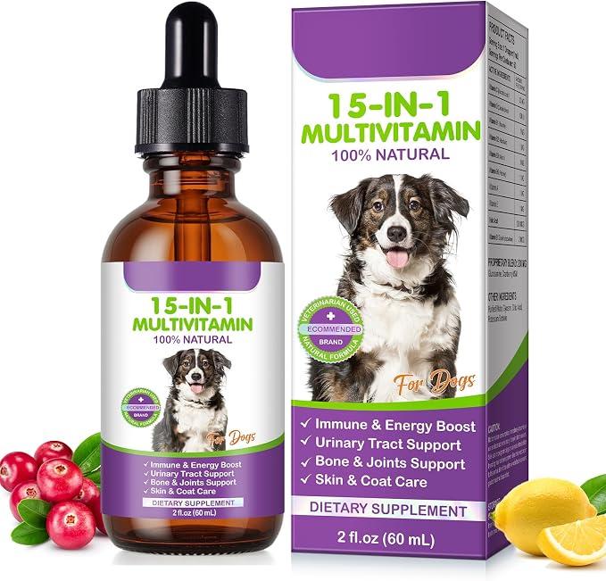 Dog Multivitamin Drops, 15 in 1 Multivitamin Liquid for Dog with Vitamin C, Vitamin D & B1, Dog Health Supplements for Skin Care, Joints & Hips