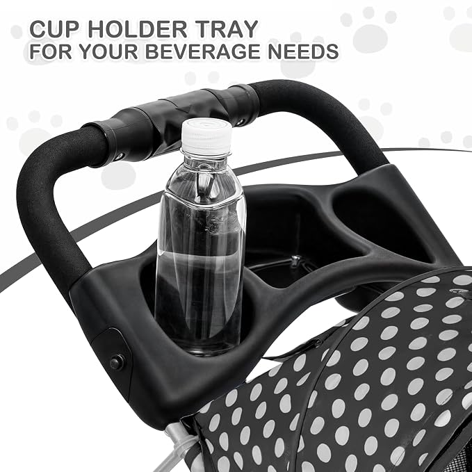 MoNiBloom 3-Wheel Foldable Pet Stroller - Black Polka Dots