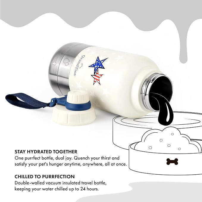 GrandTies Insulated Portable Dog Water Bottle with 2 Detachable Bowls, 32oz (950mL), Patriot