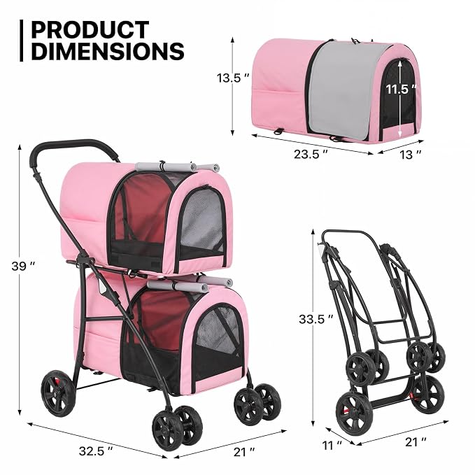 MoNiBloom 4-Wheel Double Dog Stroller - Pink/Gray, Detachable Carriers