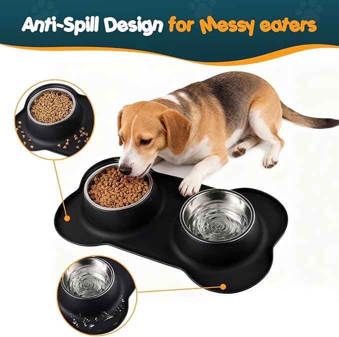 Double Dog Food Bowls Stainless Steel & Water Dish with No-Spill and Non-Slip Silicone Mat, Removable Puppy Feeder Bowls for Small Medium Size Cat Dogs Kitten,14oz