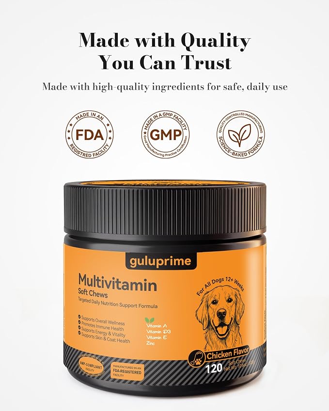 Dog Multivitamin Soft Chews, Daily Vitamins for Dogs, 120 Count | Dog Vitamins & Minerals for Heart & Vision Support, 23 Active Ingredients with CoQ10, Taurine, Lutein & Omega-3 Fish Oil