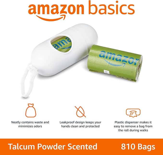 Amazon Basics Premium Leak Proof Dog Poop Bags with Dispenser and Leash Clip, Talcum Powder Scented, 13" x 9", 810 Count (54 Rolls)