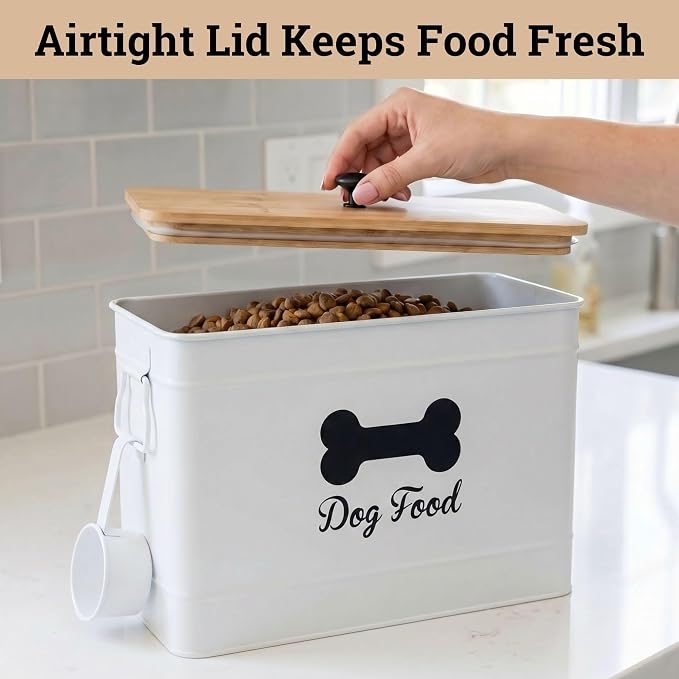 Metal Dog Food Container 15-20 lbs w/ Airtight Bamboo Lid, 20 lbs, Bamboo, White