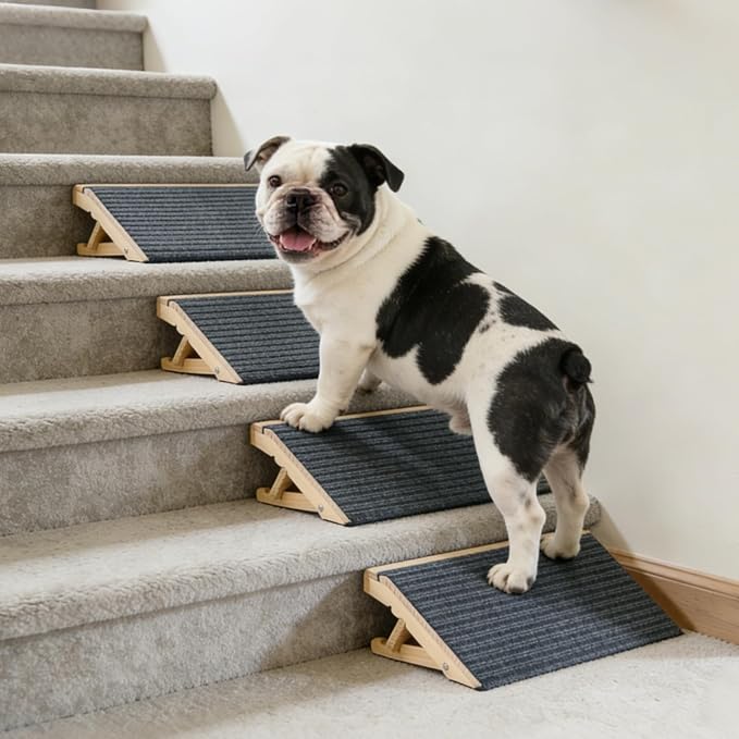 Adjustable Dog Ramp for Stairs, Foldable Wooden Dog Steps Anti-Slip | 4 Pack, Switch 4.3" or 5.5" Height, No Assembly, Gentle on Joints, for Senior & Injured Dogs, Natural Wood, 170 lbs