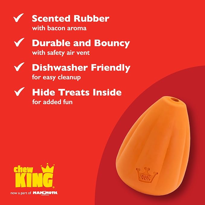 Chew King by Mammoth Large Premium Treater Dog Toy - Extremely Durable Natural Rubber Toy, Bacon Flavored Dog Treater, Dogs 25-50lbs - Orange
