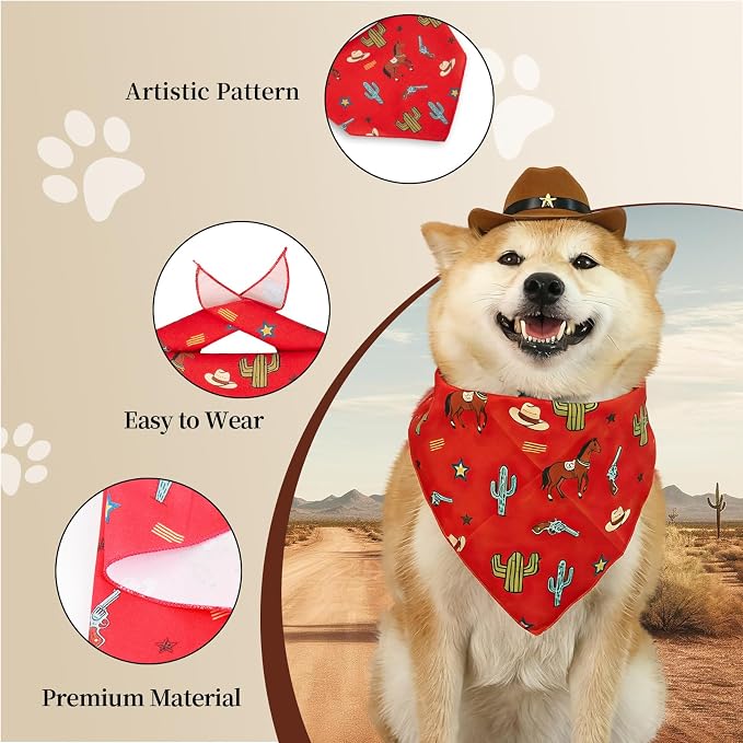 HOWWFALY Pet Cowboy Costume Set Dog Halloween Costumes Cat Cowboy Hat & Bandana Scarf, Small, Small, Red