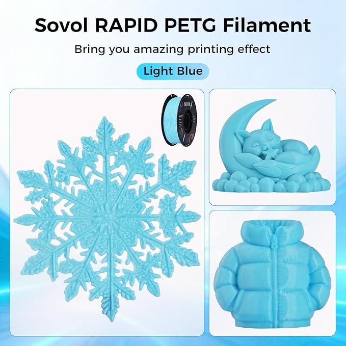 Sovol 3D Printer Rapid PETG Filament 1.75mm 1KG (2.2lbs), High Precision, Strong Toughness, Wiring Tightness, Dimensional Accuracy +/- 0.03 mm, 3D Printing High Speed PETG Filaments, Light Blue