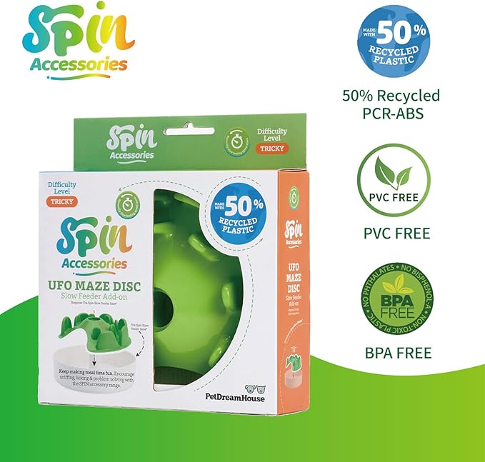 PetDreamHouse Spin Slow Feeder Bowl Insert for Dogs - Interactive Dog Food Puzzle Accessory for Slow Eating, Mental Enrichment, & Digestive Health, UFO Maze, Green