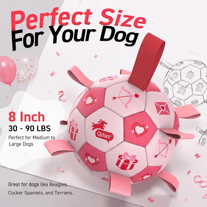 QDAN Dog Birthday Toys, Pink Soccer Ball with Straps, Interactive Tug of War Toy, Puppy Birthday Gifts, Water Toy, Durable Dog Balls for Medium Large (8 Inch)