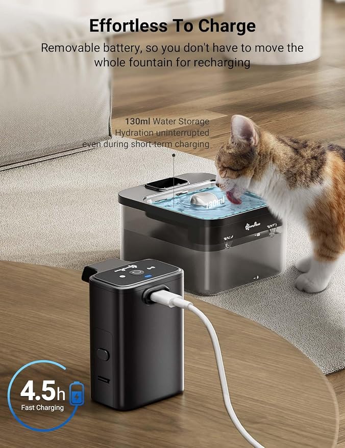 DownyPaws Cat Water Fountain Cordless, 84oz/2.5L Fursink Wireless Pet Water Fountains for Cats Indoor, Battery Operated Cat Drinking Fountain with Motion Sensor, Ultra Quiet Pump, BPA-Free, Black Pro