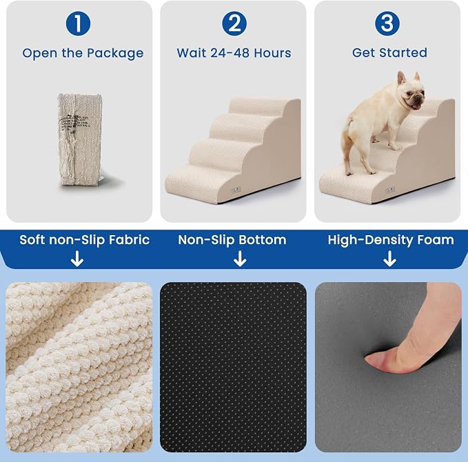 Airpanda Dog Steps for Bed, 4 Step Pet Stairs for Small and Medium Dogs, Non-Slip Dog Ramp with Washable Cover, High-Density Support Foam for Easy Climbing,Beige