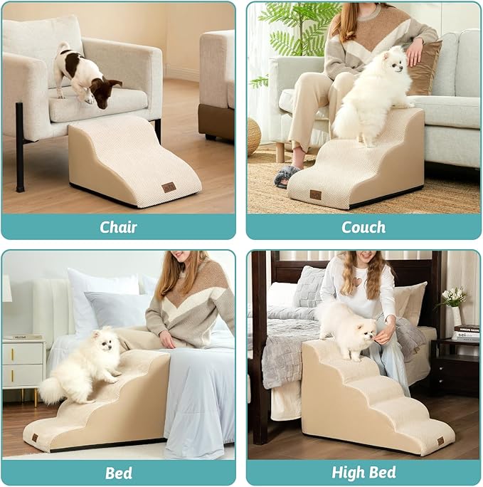COZY KISS Dog Stairs for Small Dogs 19.7" H, Curved Dog Step for Puppy, Older or Cat, Medium Pet Ramp for Sofa, Couch or Bed, Ladder with High Density Foam, 4 Step, 15.7x28.3x19.7 inch, Beige
