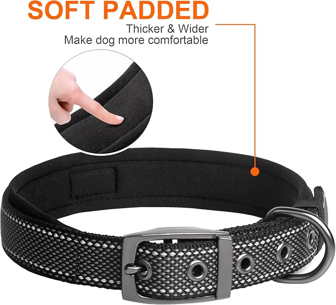 Fida Heavy Duty Dog Collar for Large Dogs with Metal Belt Buckle, Black | Soft Neoprene Padded for Extra Comfort, Thicker Nylon Webbing, Adjustable Fit, Reflective Stitching for Night Safety
